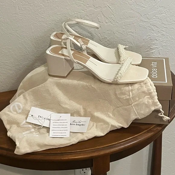 Dolce Vita Ivory Pearl-Trim Ankle Strap Block Heels - Picture 9 of 9